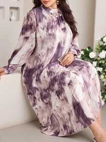 Veilorie 大尺碼女款立領長袖紫色印花度假風洋裝 - 彩色 - 查看 6