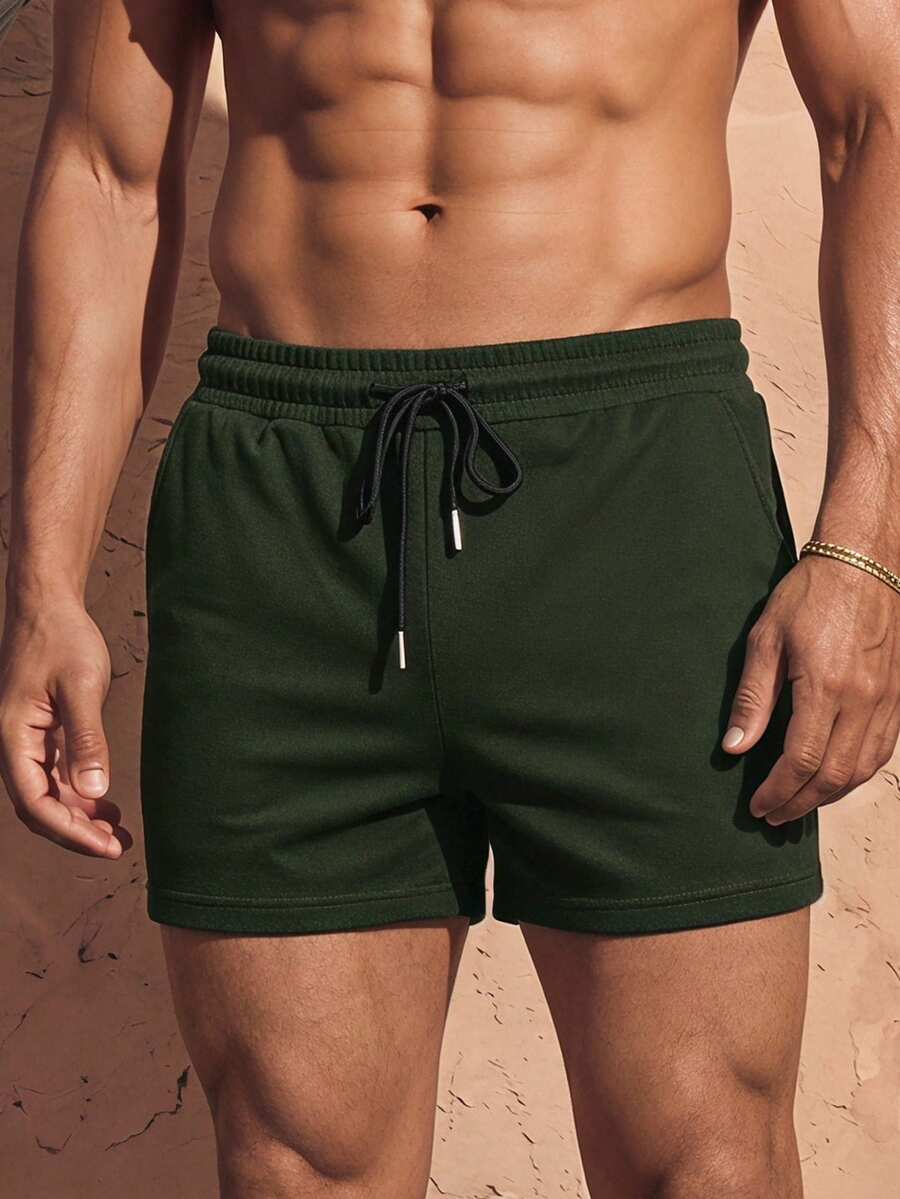 HIMLAND Men's Solid Color Minimalist Casual Knit Shorts, Vacation, Father's Day Gifts - Army Green - View 1