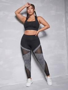 SHEIN Dewbera Leggings deportivos de talla grande con bloques de color y patchwork de malla - Multicolor - Ver 3
