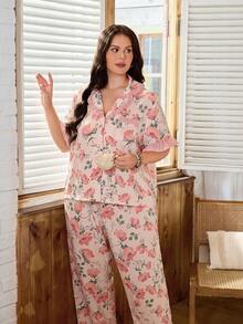 Serenescape Plus Size Floral Print Short Sleeve & Long Pants Pajama Set With Ruffle Trim - Pink - View 5