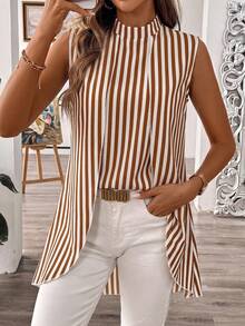 SHEIN Holidaya 女士条纹印花无袖不对称下摆衬衫 - 彩色 - 查看 6
