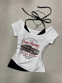 INAWLY Plus Size Off Shoulder 2 In 1 Halter Neck T-Shirt Women American Vintage Car Print Sexy Slim Fit Shoulder-Baring Top Summer - White - View 4