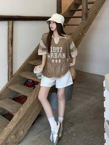 DAZY 女款韓式復古運動風鏤空短袖針織上衣 夏季校園風 - 咖啡棕 - 查看 4