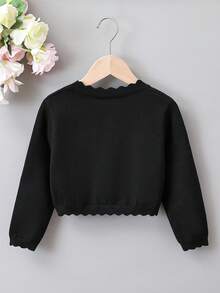 SHEIN Elladie kids 女童休閒百搭素色開襟羊毛衫 - 黑色 - 查看 2