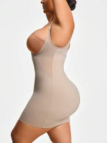 SHAPORA 1pc Plus Size Women Solid Color Low Cut Bodycon Dress - Apricot - View 4