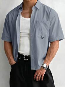 ESTAVOR Men's Woven Fashion Casual Loose Short Sleeve Shirt - Blue - View 7