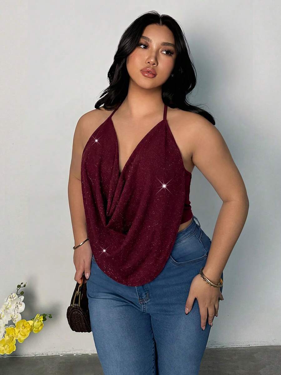 Firerie Plus Size Women's Solid Color Shiny Draped Neck Tank Top Party Burgundy Summer Sexy