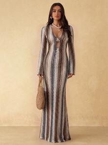 Silquee Spring/Summer Women's Mesh Knit V-Neck Long Sleeve Dress - Multicolor - View 3