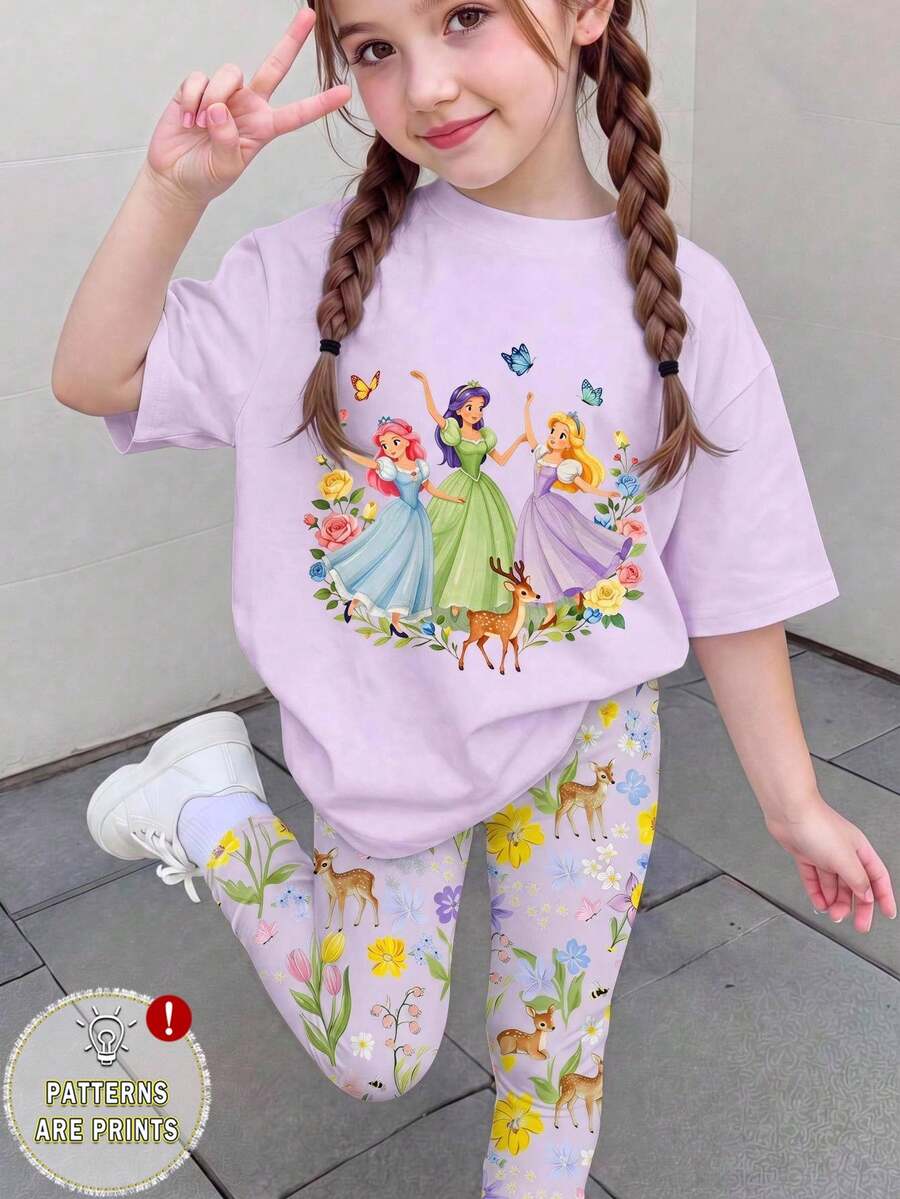 1套女童休閒舒適時尚清新可愛甜美卡通公主圖案與花卉印花短袖T恤及印花內搭褲套裝,適合春/夏外出、度假、上學、生日及其他場合 - 彩色 - 查看 1