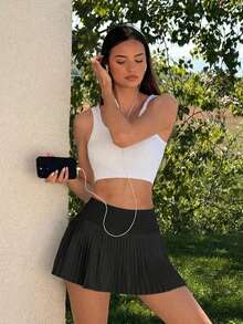 Fluxe Solid Color Knit Pleated Sports Skirt/Shorts - Black - View 6