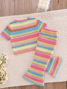 Young Girl Casual Simple Cartoon Print Round Neck Short Sleeve Top And Flare Pants 2-Piece Set Suitable For Summer - Multicolor - View 2