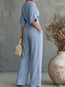 SHEIN Tall Solid Color Batwing Sleeve Cinched Waist Jumpsuit - Blue - View 2