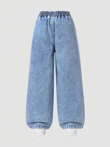 SHEIN 女童牛仔寬腿褲 春夏新品 休閒波西米亞風 祭典平腰鬆緊腰帶口袋寬腿牛仔褲 日常OOTD必備 淺洗藍牛仔色 春夏度假彈性腰帶設計 寬鬆直筒寬腿版型 舒適棉質牛仔面料 日常百搭T恤穿搭 春夏度假日常出遊聚會 - 淺色水洗藍 - 查看 2