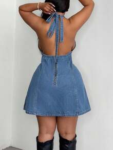 Jeanoix Y2K Plus Size Autumn Multi-Button Row Bow Tie Backless Sexy Navy Blue Denim Dress Vacation Date Night Brunch - Light Wash - View 2