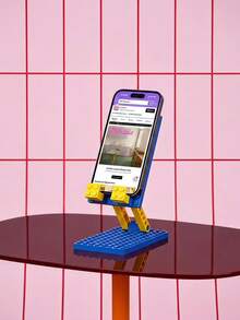 Joivida 1Pc Adjustable Building Block Phone Stand, Foldable Desktop Lazy Phone Holder With Heavy‑Duty Metal Base & Anti‑Slip Silicone Pad, 90° Dual‑Axis Angle Adjustable Brick‑Inspired Cell Phone Cradle, Horizontal & Vertical Compatible, Portable Foldable Desk Decor For Home Office Bedroom, Creative DIY Phone Stand In Navy Blue & Rose Red - Multicolor - View 3