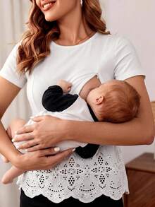 SHEIN 纯色圆领短袖休闲孕妇哺乳上衣 - 白色 - 查看 4