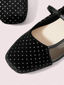 CUCCOO DOLLMOD Women's Rhinestone Mesh Mary Jane Adjustable Buckle Square Toe Low Block Heel Elegant Black Flats - Black 1 - View 4