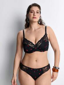 Slumbrini 1 Conjunto de lencería para mujer de talla grande con estampado de fresa sólido, adorno de lazo y encaje, cómodo - Negro - Ver 1