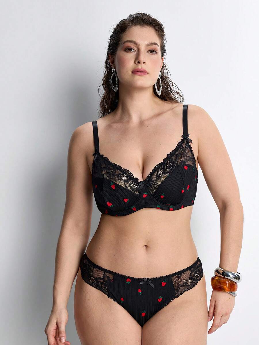 Slumbrini 1 Conjunto de lencería para mujer de talla grande con estampado de fresa sólido, adorno de lazo y encaje, cómodo - Negro - Ver 1