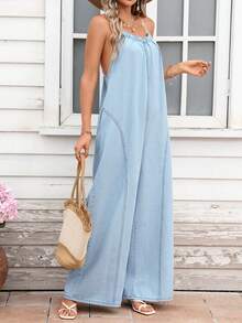 Breezaya Women's Loose Wide Leg Casual Denim Jumpsuit For Vacation Beach Light Blue Summer - Blue - View 5