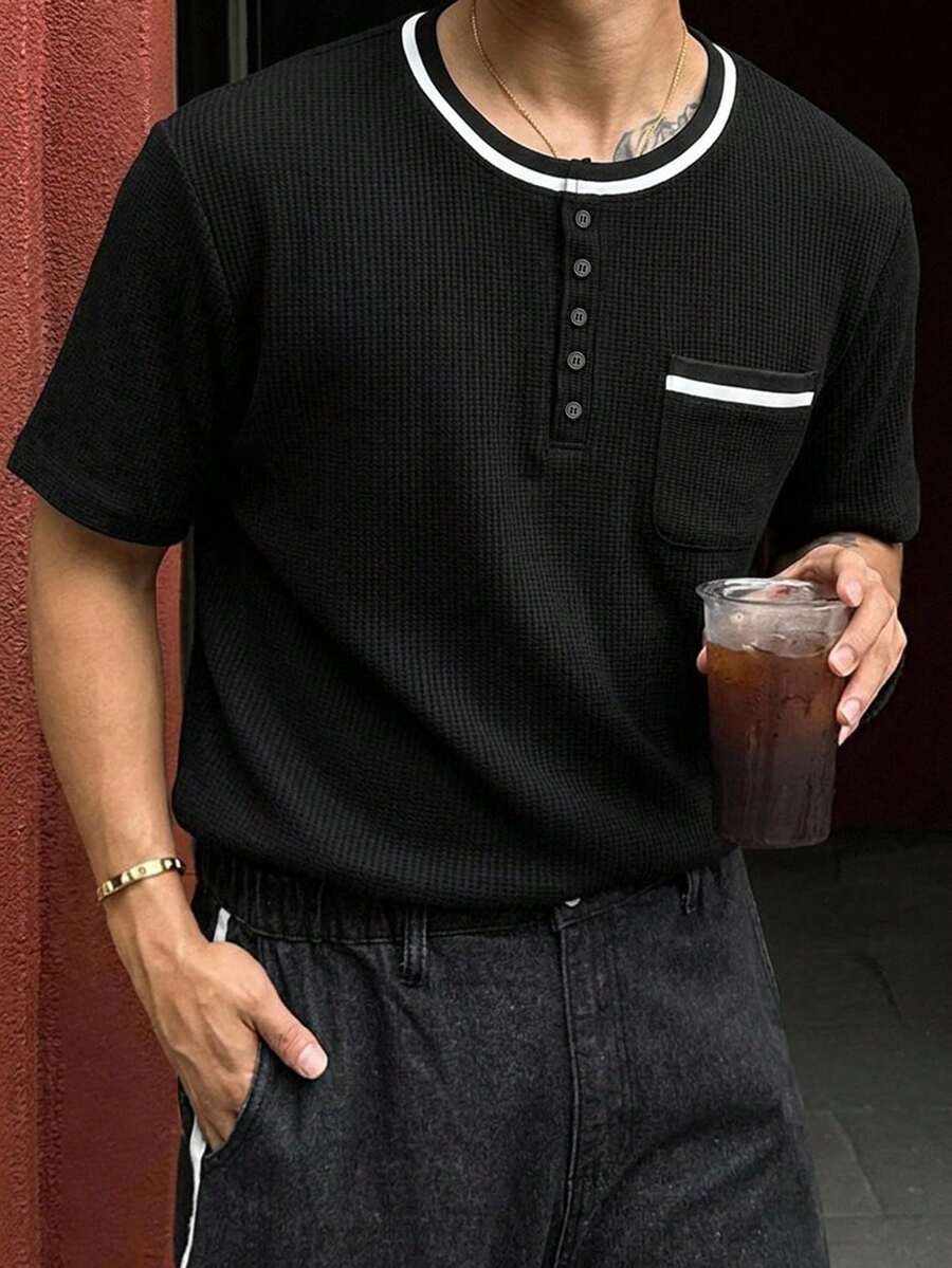 DAZY Men's Textured Fabric Patchwork Contrast Collar Basic Half-Placket T-Shirt - Black - View 1