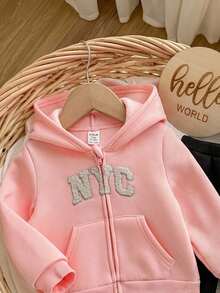 SHEIN 女嬰休閒可愛字母印花連帽衛衣與長褲套裝 - 黑色 - 查看 6