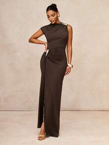 Lumalex Dark Brown Asymmetric One Shoulder Maxi Dress With Hardware Ruched Hip Draped Skirt And Front Slit Luxury Elegant For Party Bar Party Dinner Summer - Brown - View 5