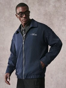 STYNVO Men's Striped Letter Zipper Placket Casual Jacket - Navy Blue - View 3