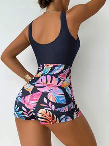 Swim Lushoire 女款度假海灘植物印花拼接連身泳衣 - 黑色 - 查看 2