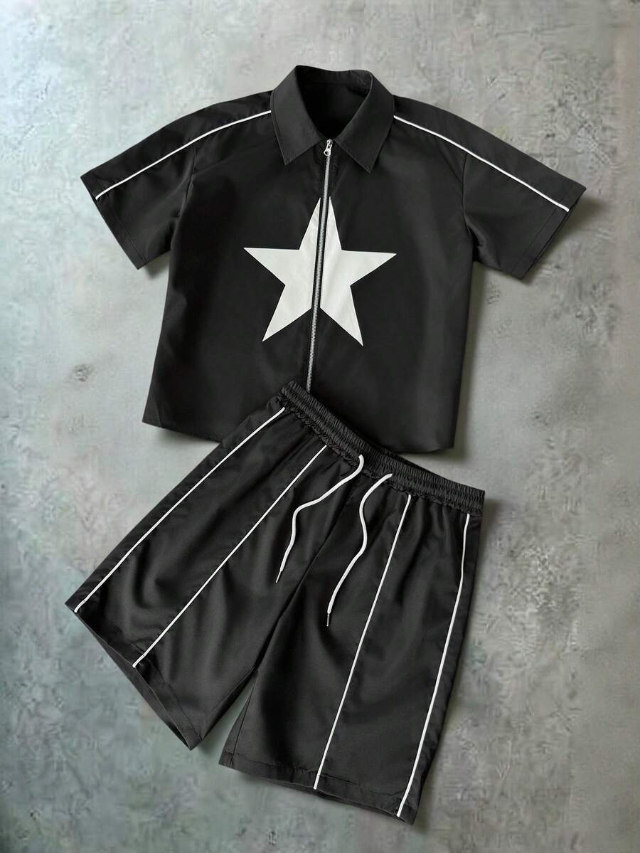 PAVTROS Men's Star Print Zipper Placket Short Sleeve Shirt And Drawstring Waist Shorts Set - Black - View 1