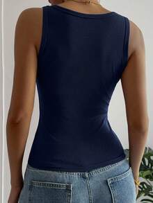 DAZY Women's Solid Color Square Neck Ribbed Slim Fit Casual Tank Top Summer - Navy Blue - View 2