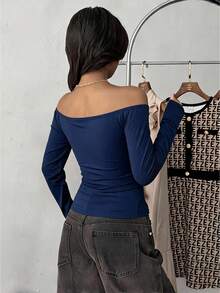 Black Off-Shoulder Fitted Casual Long Sleeve Basic Base Layer T-Shirt - Navy Blue - View 2