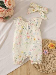 SHEIN 新生兒花卉印花圓領連身衣與髮帶 2 件套裝 - 彩色 - 查看 2