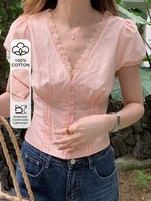 DAZY Women's Solid Color Pleated Lace Trim V-Neck Short Sleeve Elegant Summer Blouse School Vacation - Pink - View 1