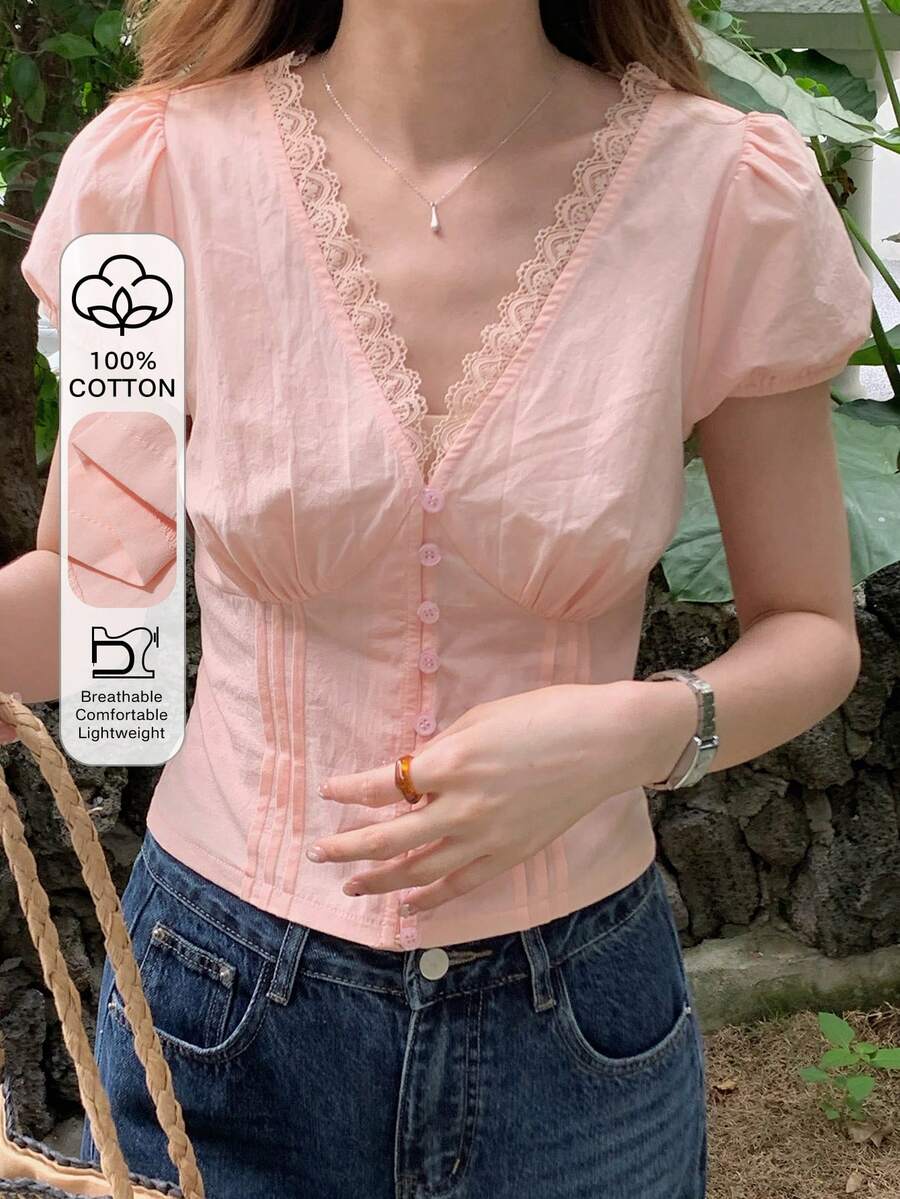 DAZY Women's Solid Color Pleated Lace Trim V-Neck Short Sleeve Elegant Summer Blouse School Vacation - Pink - View 1