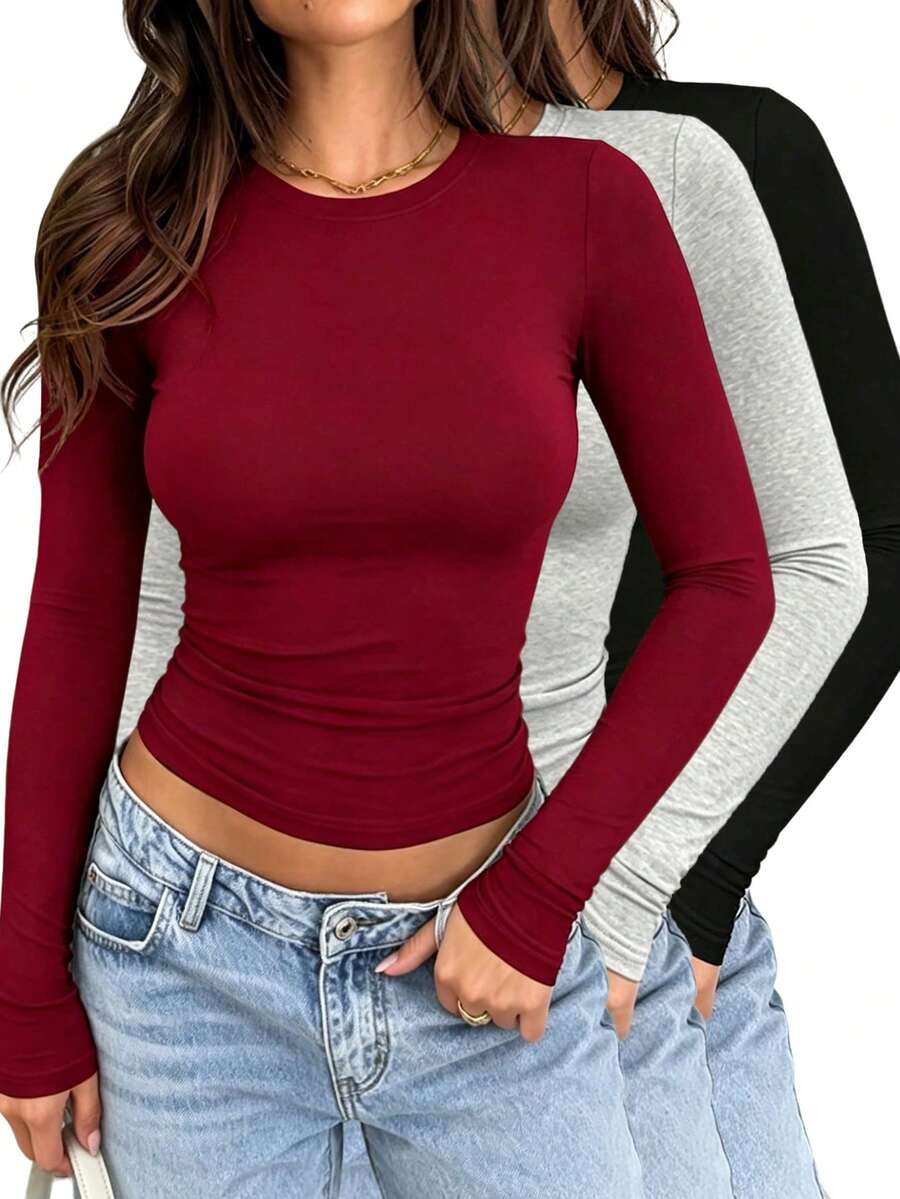 INAWLY Solva Women Solid Color Round Neck Long Sleeve Fitted Casual T-Shirt, Autumn Fall Cloth For Women - Multicolor - View 1