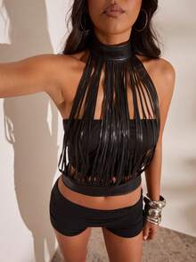 Opulessa Women's Sexy Fashion Hollow Out Cropped PU Material Tassel Top Club Night Black Summer - Black - View 7