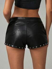 Avenya Sexy Low Waist Rivet PU Leather Mini Shorts Night Party Black Fall/Winter - Black - View 3