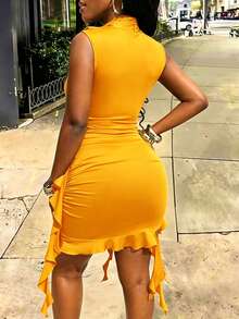 Glyssa Women's Summer Elegant Halter Neck Design Ribbon Ruffle Metal Buckle Fitted Sexy Golden Yellow Short Dress Outfit Night Out Costume Party - Yellow - View 3