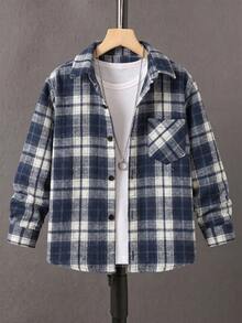 SHEIN 青少年男孩格紋長袖單排扣休閒口袋襯衫 - 藍色 - 查看 3