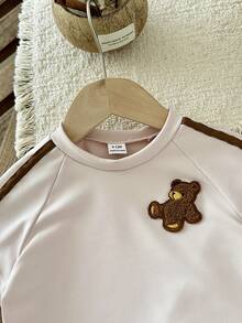 SHEIN 女嬰 2件/套 春季女童休閒運動日常風格寬鬆刺繡裝飾套裝，短澎澎袖圓領上衣&條紋裝飾長褲，舒適衣著適合戶外活動 - 卡其色 - 查看 8
