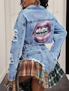 Slaydiva Jaket Denim Pendek Kasual Bermotif untuk Wanita Ukuran Plus, Serbaguna dan Modis - Medium Wash - View 1