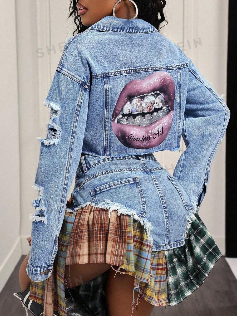 Slaydiva Jaket Denim Pendek Kasual Bermotif untuk Wanita Ukuran Plus, Serbaguna dan Modis - Medium Wash - View 1