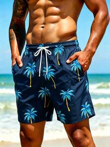 Manfinity Swimmode Plus Size Men's Casual Palm Tree Print Drawstring Beach Shorts, Holiday - Navy Blue - View 2
