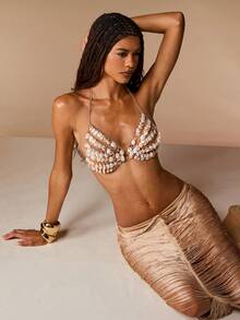 Opulessa Top halter de moda versátil para mujer con decoración de conchas y eslabones metálicos, para vacaciones y viajes - Albaricoque - Ver 6