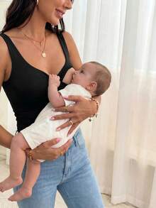 SHEIN 孕妇休闲纯色哺乳背心，夏季 - 黑色 - 查看 3