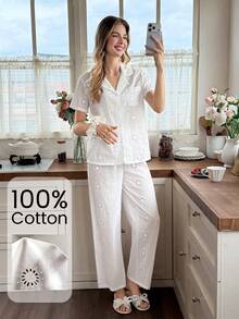 Snug Reverie Damen 100% Baumwolle Jacquard Romantisch Frisch Kurzarm Lange Hose Loungewear 2-teiliges Set - Weiss - Übersicht 3