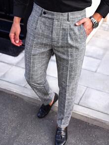 Manfinity Bizformal 男士灰色格紋修身西裝褲，附腰帶環，單褶設計，半鬆緊腰頭與拉鍊，儀式場合適用 - 灰色 - 查看 3