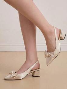 Eladyva Women's Bow Decor Chunky Heel Pointed Toe Slingback Pumps, Elegant Comfortable Daily Wear Versatile Outdoor, Commute, Party, Formal Occasion Shoes - Beige - View 4