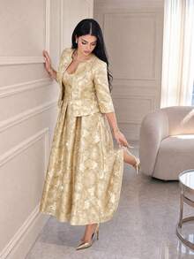 Auveirra Setelan 2 Potong Jaket dan Gaun Dalam Jacquard Elegan Musim Dingin Warna Emas Ukuran Plus untuk Wanita, Gaun Pesta Resepsi Acara Spesial, Liburan - Emas - View 5